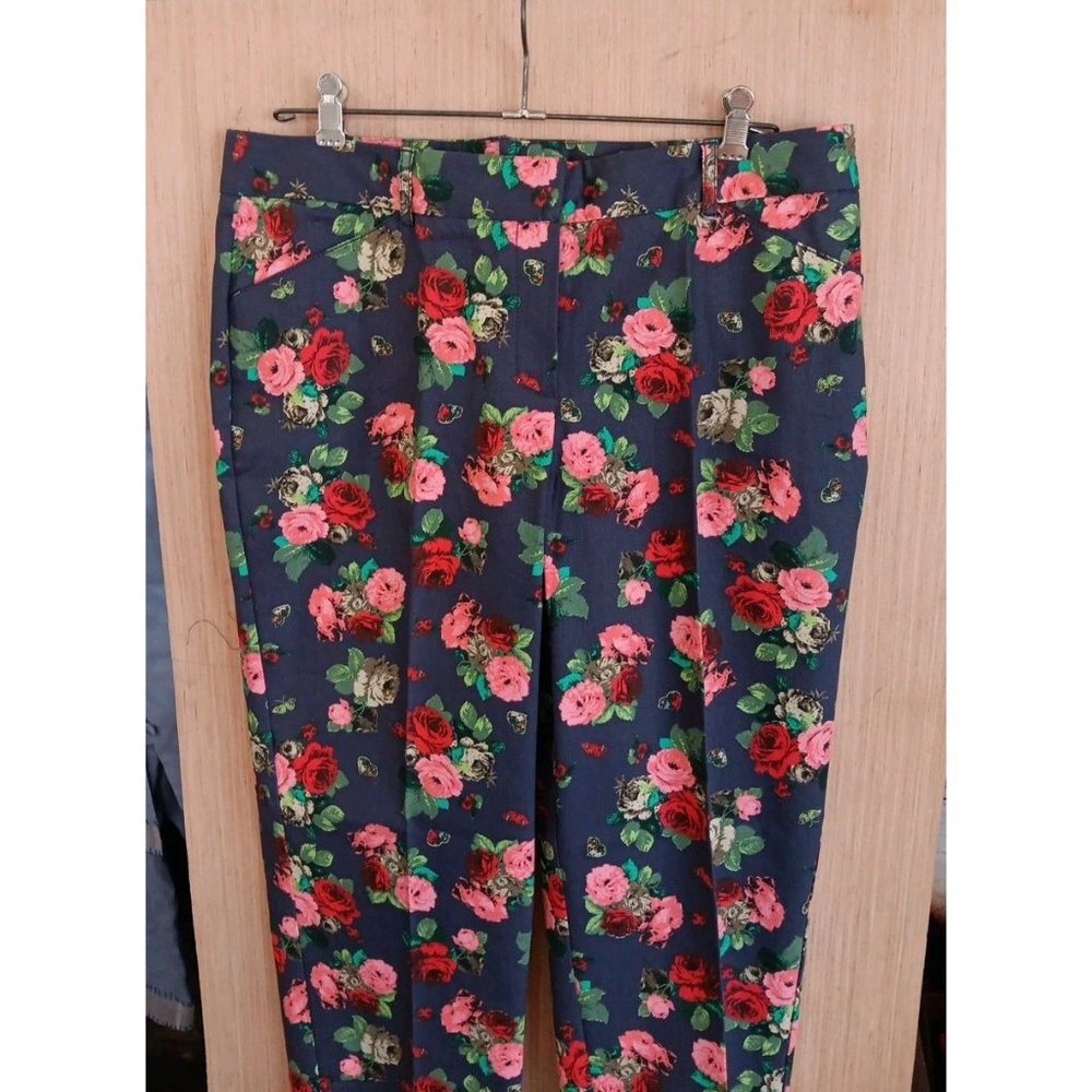 Zac & Rachel (12) Ladies Floral Trousers Pants Blue Pink/red Roses Mid Rise